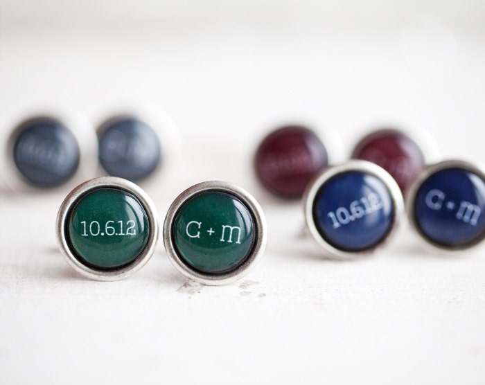 Custom Color Wedding cufflinks - Initials Date Cuff links - Red, Blue, Green (C024)