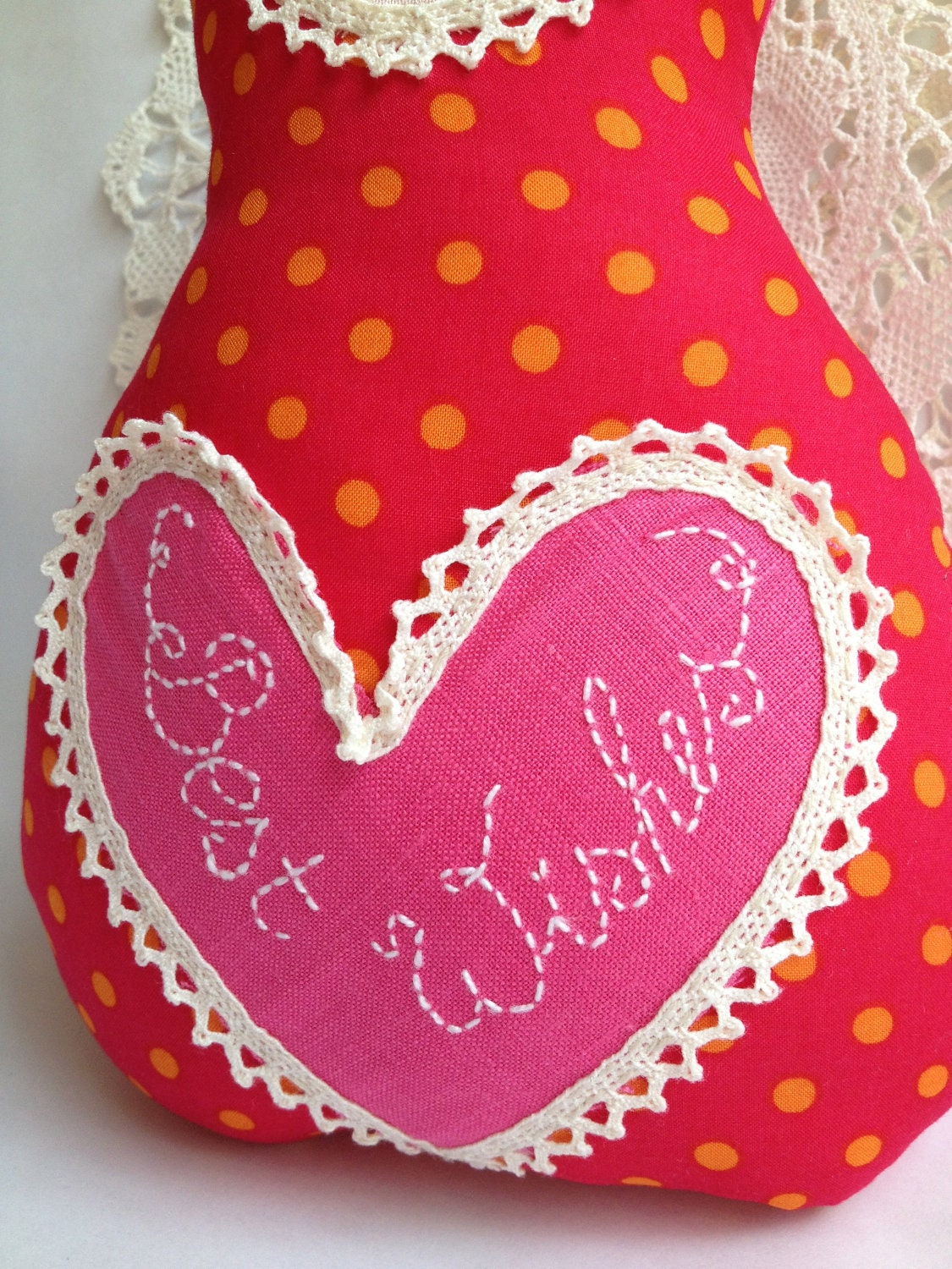 Ready to ship - Russian Matryoshka Babushka doll - red & orange polka dots fabric - BEST WISHES