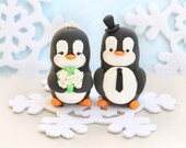 Penguins wedding cake topper - winter wedding - with snowflake base