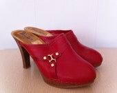 Vintage 1970s Clogs Red Leather High Heel Shoes Size 6