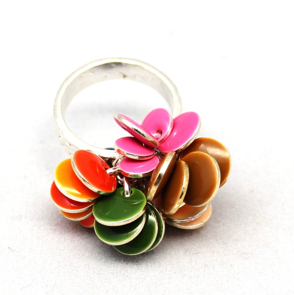 Ring color blocked circle candy drops, Size 6.5, etched hill tribe silver