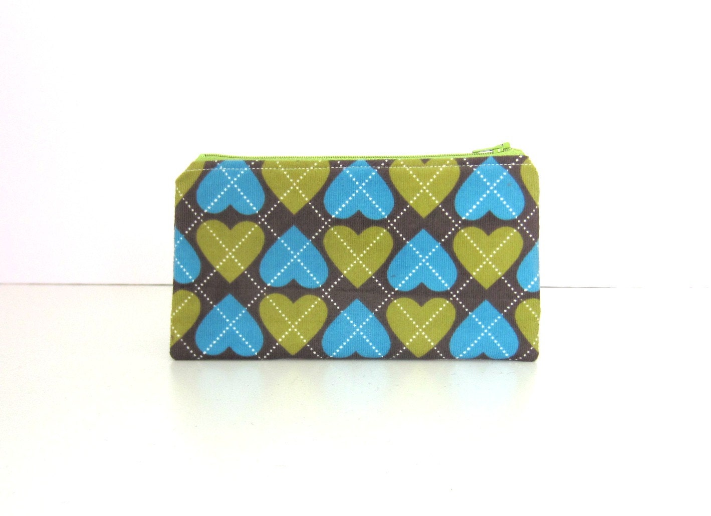 Zipper Wallet Pouch, Clutch Purse, Hearts, Valentines Day - Brown Blue Green Corduroy