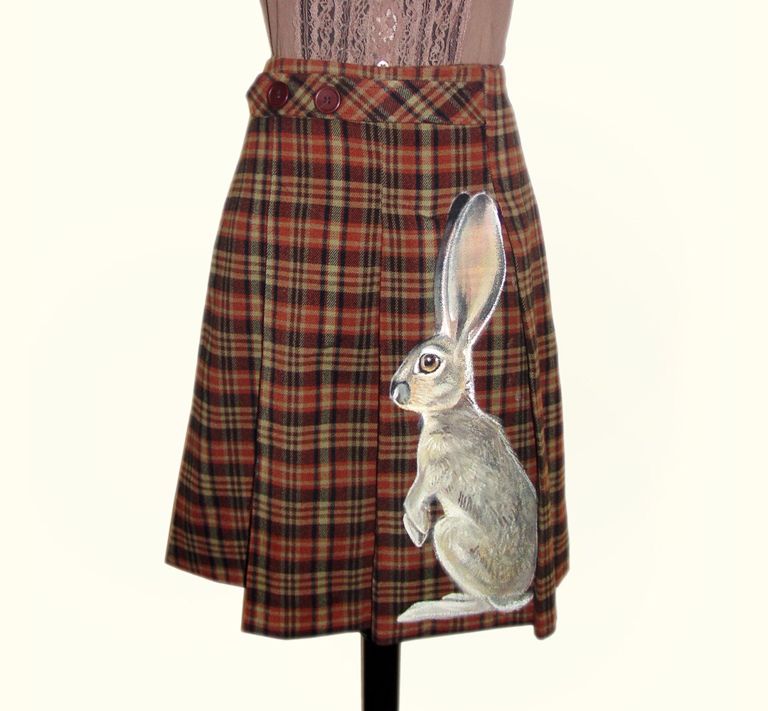 Hare handpainted vintage plaid skirt - one of a kind, vintage, upcycled, pleated, preppy - size Small, Made in the USA
