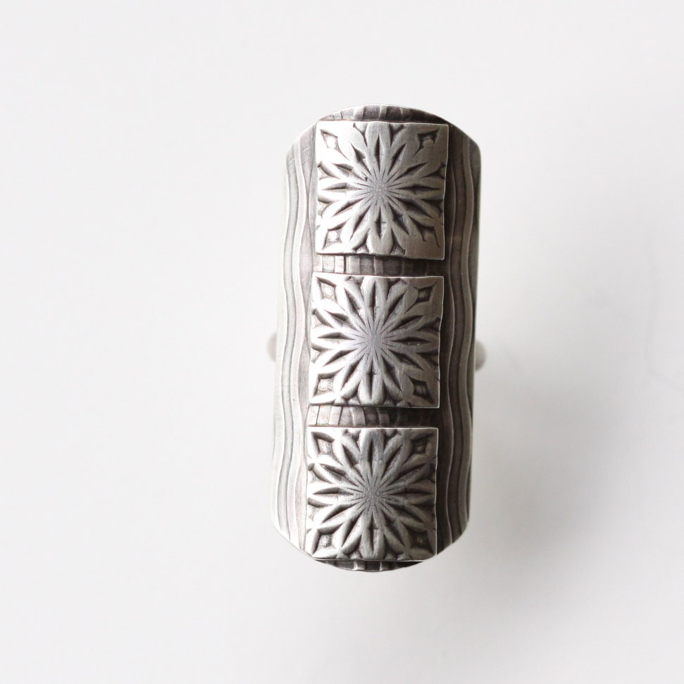 Long and spirited sterling silver cocktail ring, perfect everyday whimsical embellishment of wavy lines with a floral motif - "Ancien Ring"