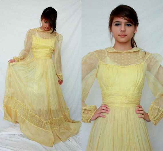 1940s Organdy Prairie Long Dress - Eyelet Lace - Palest Yellow - Wedding - Maxi - XS