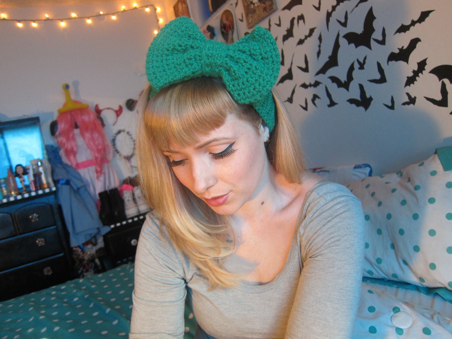 Green Sparkle Crocheted Big Bow Ear Warmer Headband