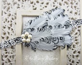 Feather Headband - Black and White Feather w/ Pearl & Crystal Accent Damask Headband, Baby Toddler Child Girls Headband Adult