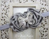 Silver Gray Flower Headband, Gray Satin Rosette Duo w/ Rhinestone Bow Headband, Flower Girl Wedding, Baby Toddler Child Girls Headband