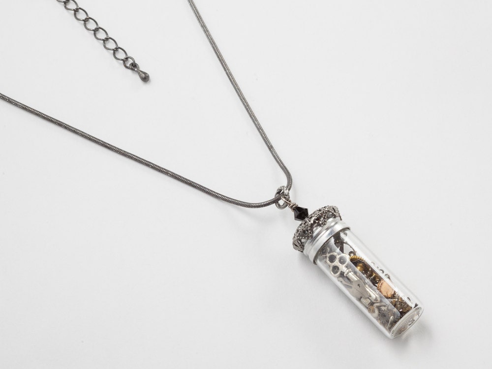 Steampunk Necklace Vintage watch parts gold gears glass vial bottle skeleton key black crystal silver filigree jewelry Steampunk Nation 1837