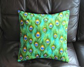 Throw pillow green blue teal peacock eyes pattern feather 18 x 18 inch cushion cover decorative accent pillow