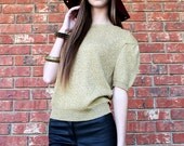 Vtg 1980s Gold Metallic Cardigan Short Comfy Holiday Sweater S/M