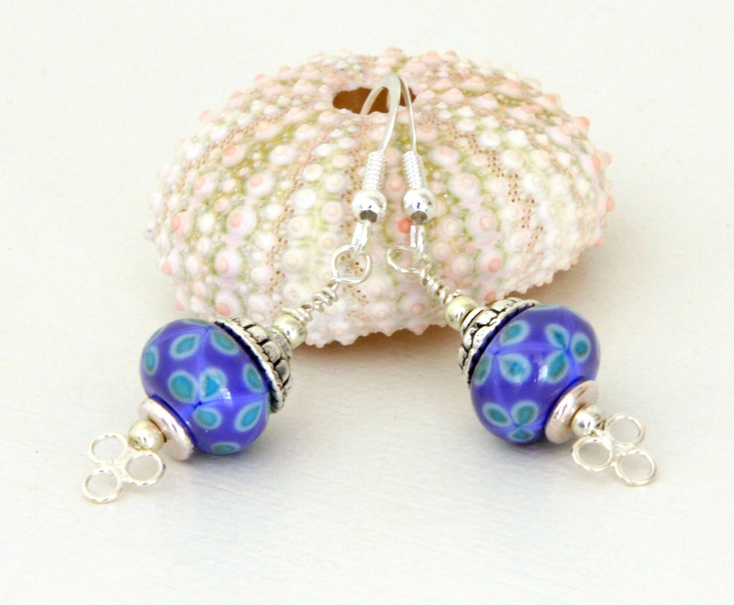 Periwinkle Blue Glass Bead Earrings. Light Blue Drop Earrings and Tibetan Silver Caps. Ethnic or Boho Jewelry.  Artisan Bead Earrings.