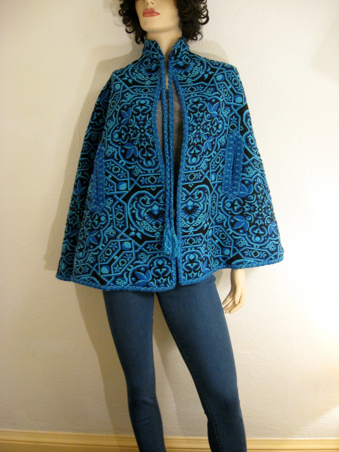 Blue and Black 70s Ethnic Pattern Tapestry Rug Poncho Cape