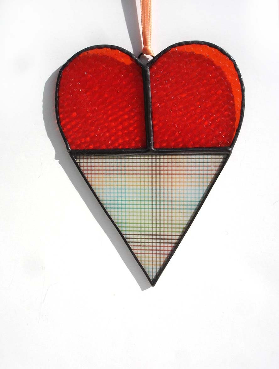 Love heart suncatcher, stained glass orange plaid window art home decor