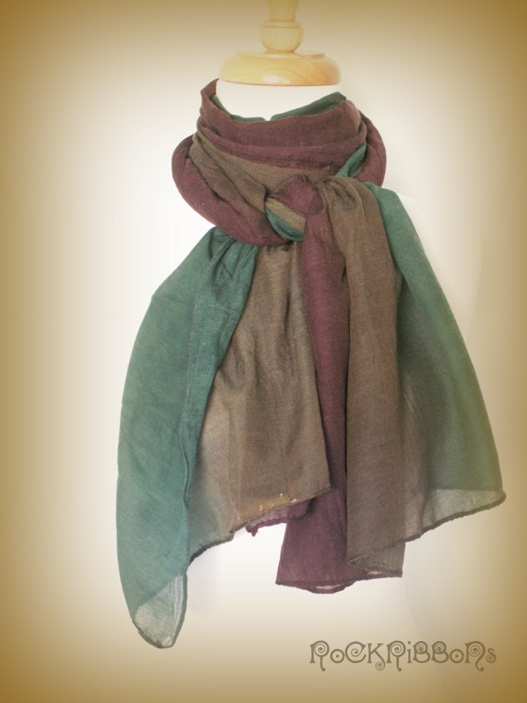 Summer cotton scarf - ombré - wood brown - khaki - forest green - lightweight scarf - organic cotton scarf - woodland - natural plant dyes.