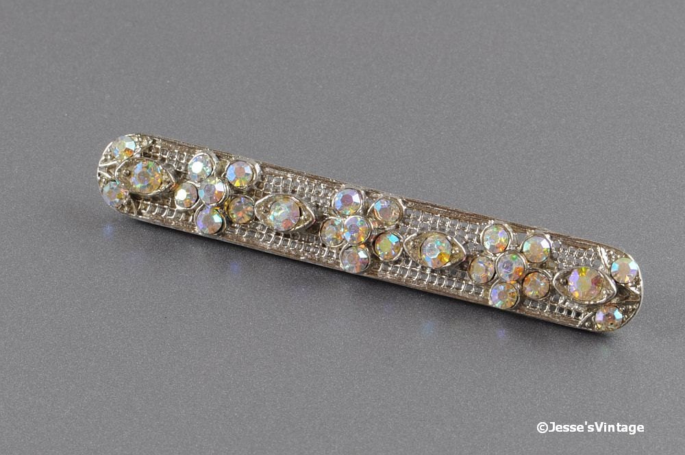 AB Rhinestone Bar Pin Silver Tone Floral Motif Pink Tinted
