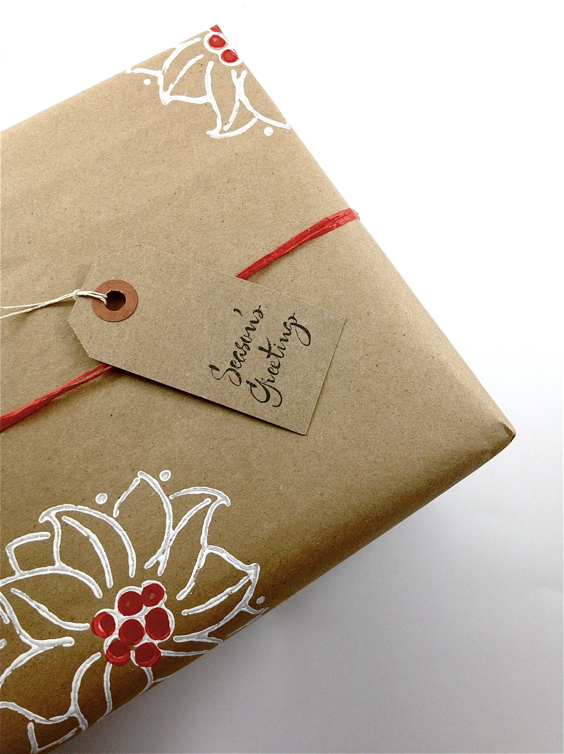 Wrapping Paper - Gift Paper - Hand Printed Recycled Brown Kraft Paper - Poinsettias
