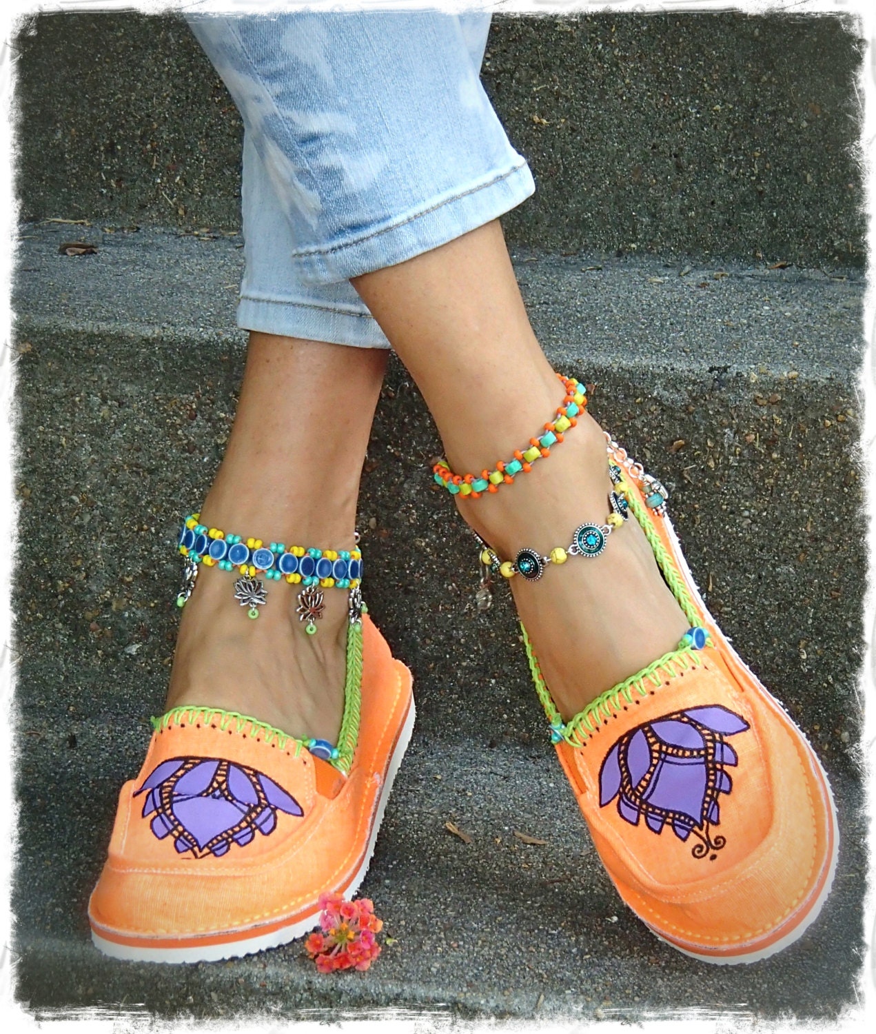 LOTUS Canvas SHOES Neon Orange Espadrilles Slip on shoe Flats Lotus Hand painted shoes Crochet womens shoes Beach Cotton slippers