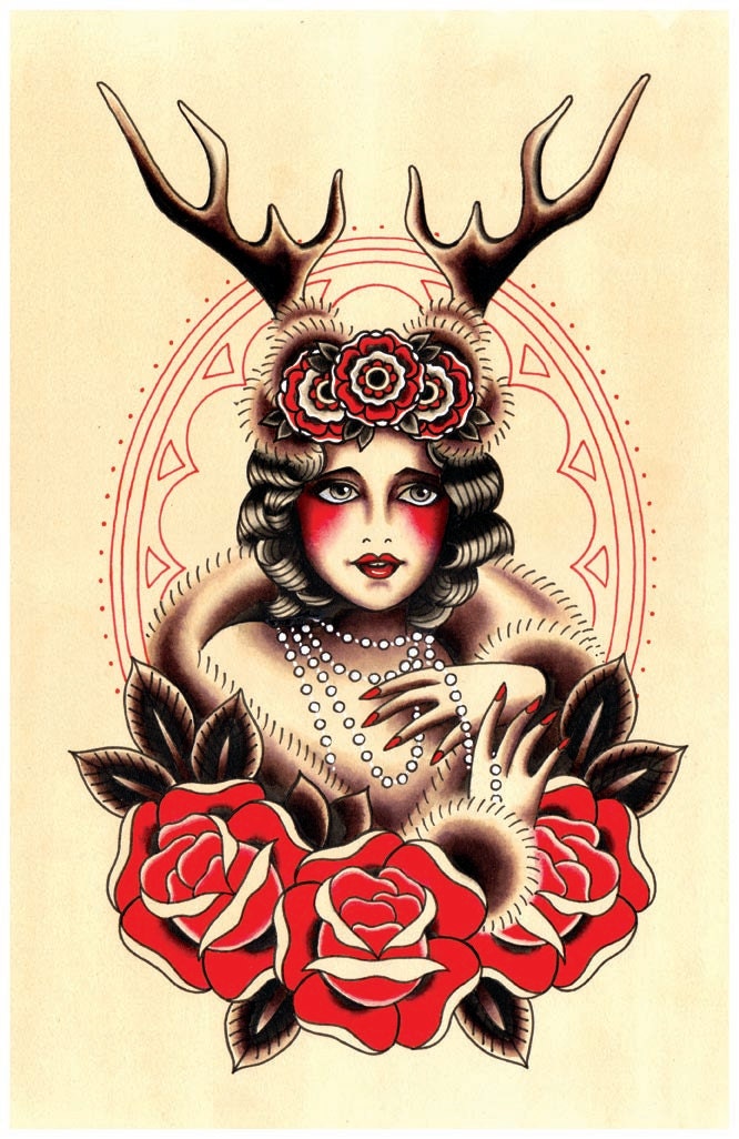 9X14 Tattoo Inspired Deer Hunter Vixen