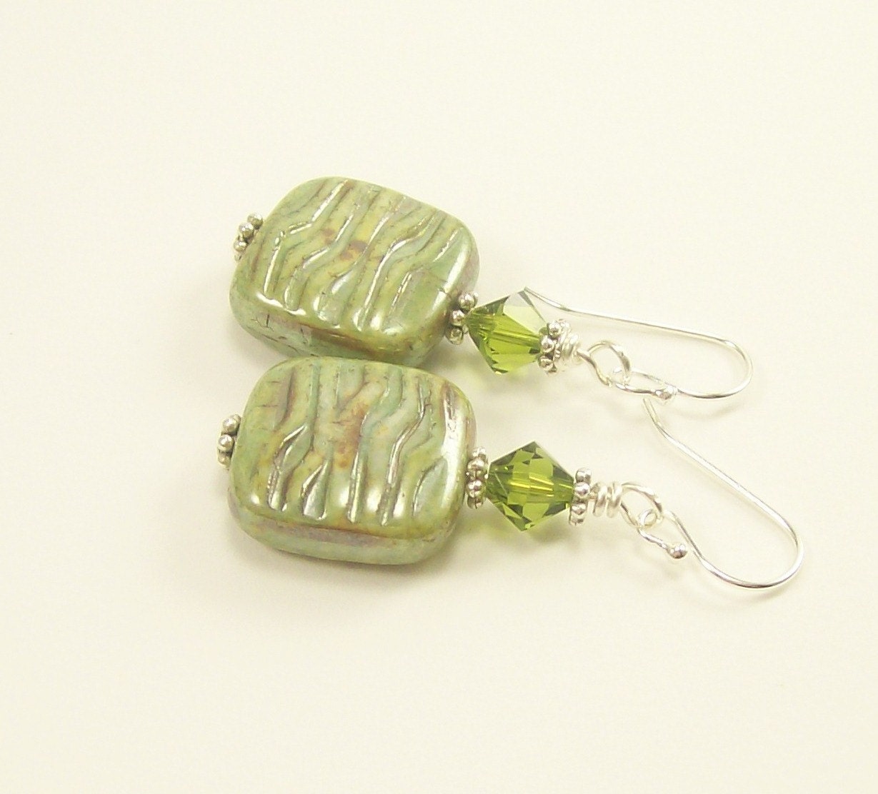 Green Beaded Earrings, Sterling Ear Wires, Swarovski Crystal Earrings, Green Earrings, Dangle Earrings, Beaded Jewelry, Handmade Jewelry