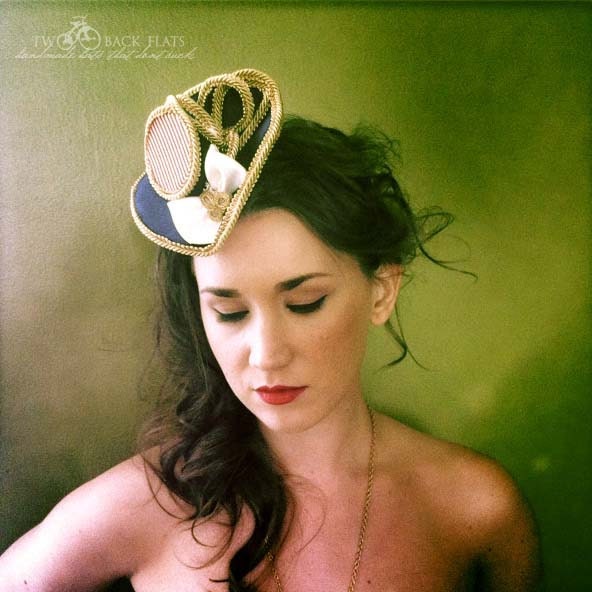 Pin up sailor costume mini tricorn hat, nautical headpiece, red, blue, gold, stripe hair band READY TO SHIP