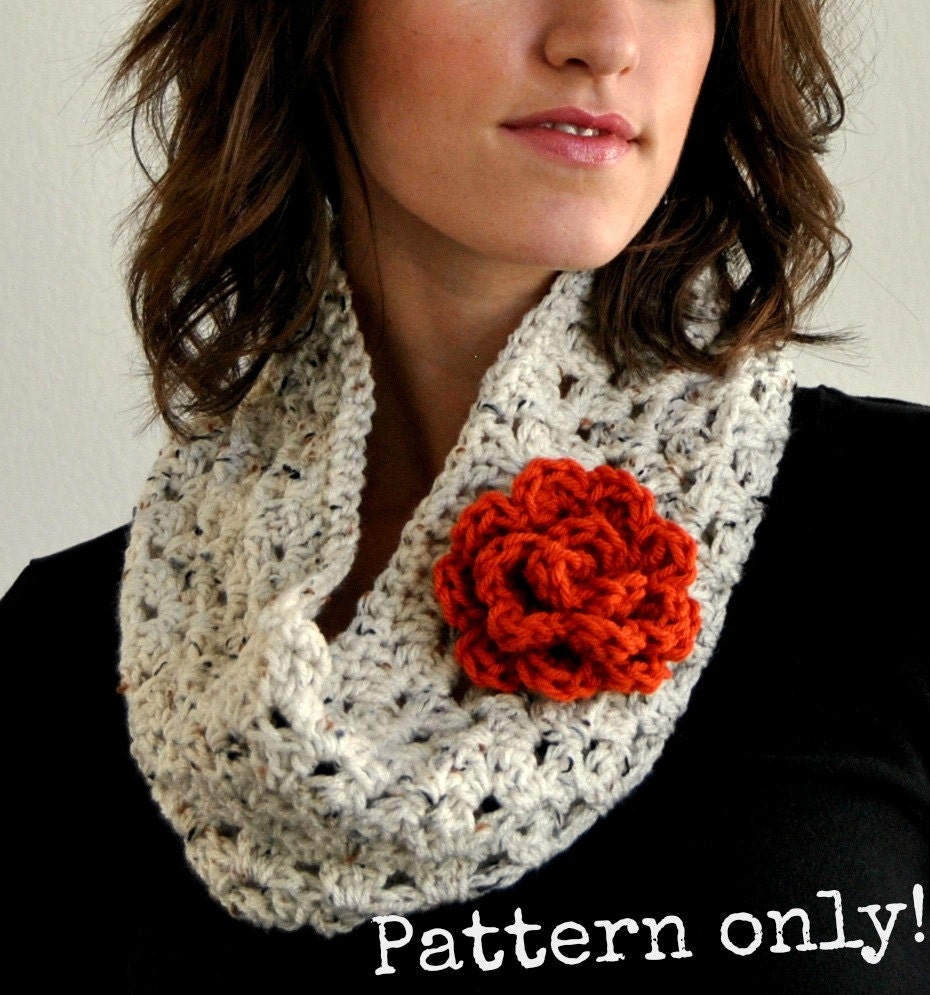 PDF Pattern for Crochet Granny Stripe Cowl with Large Rolled Rose Flower Accent Permission to Sell What You Make