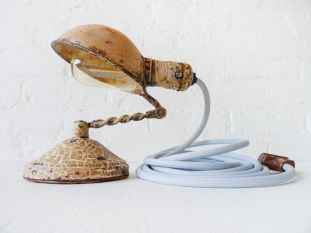 Vintage Industrial Lamp Lighting - Safari Spiral Sconce Clip Clamp Light w/ Pale Blue