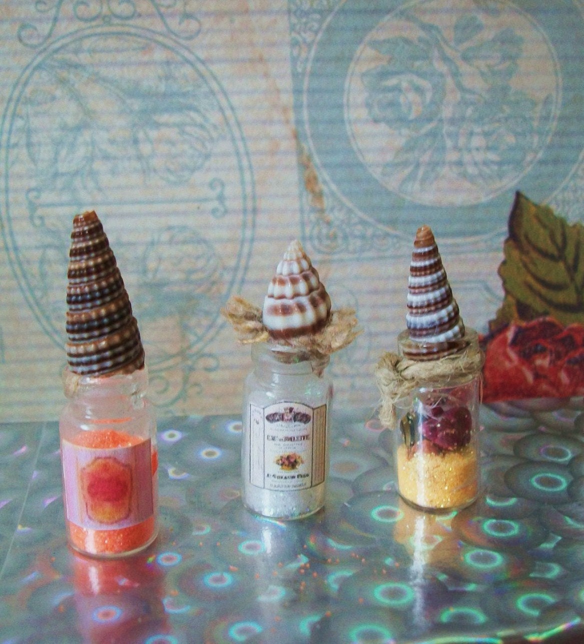 Miniature Vintage French Label Beach Theme Bath Salts, Shabby Chic,Set of 3 Dollhouse Bath Decor Bottles, 1:12 or 1/6 Scale, Shell Toppers