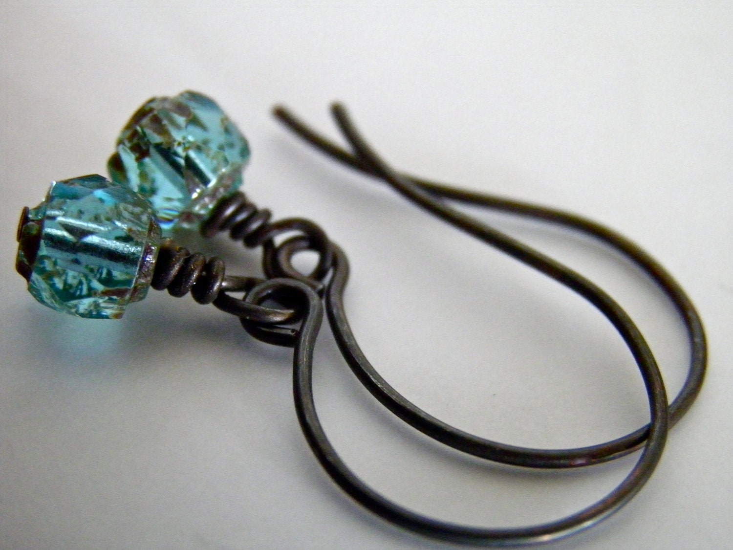 Aqua Earrings Wire Wrapped Faceted Glass Turquoise Drops with Handcrafted Oxidized Copper Ear Wires