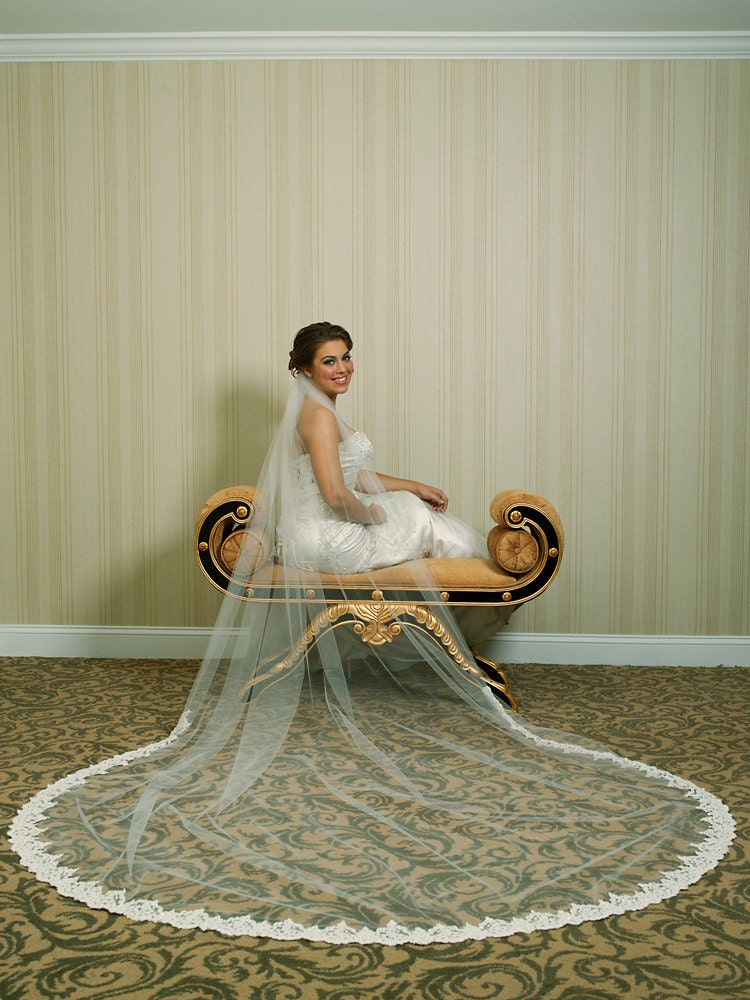 Wedding Veil - Cathedral Length with Beaded Alencon Lace At Bottom Edge - Ivory