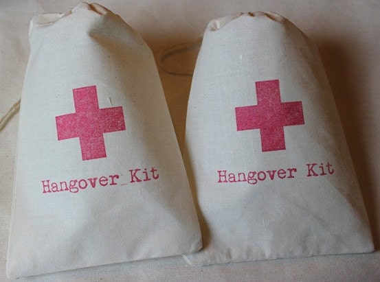 10 Hangover Kit / Red Cross - Organic Cotton Drawstring Bags - Great for Bachelorette or Bachelor Parties 5x7 Il_570xn
