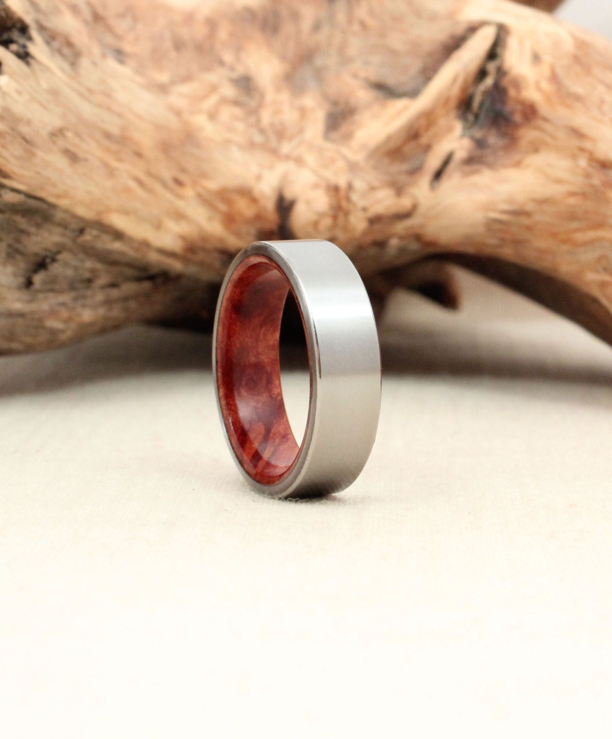 Size 9.5 - Titanium Lined with Redwood Burl Wood Ring Titanium Ring