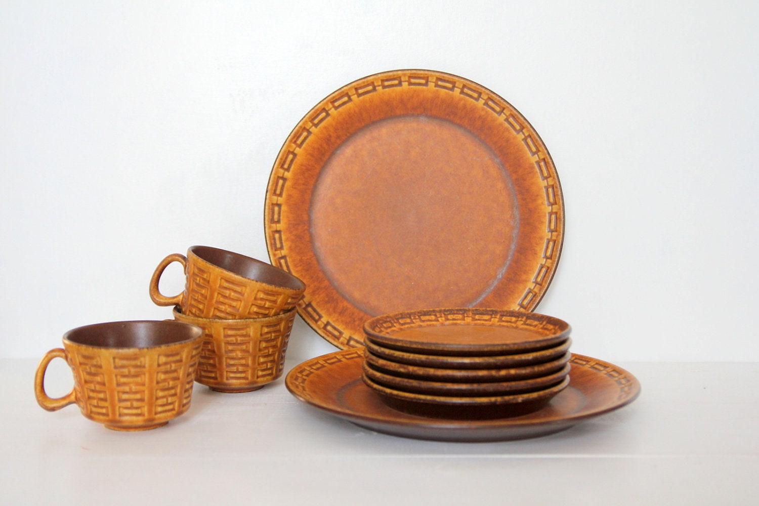 Vintage Ceramano West Germany Epsilon 10 piece Dish Set - Rust Basketweave