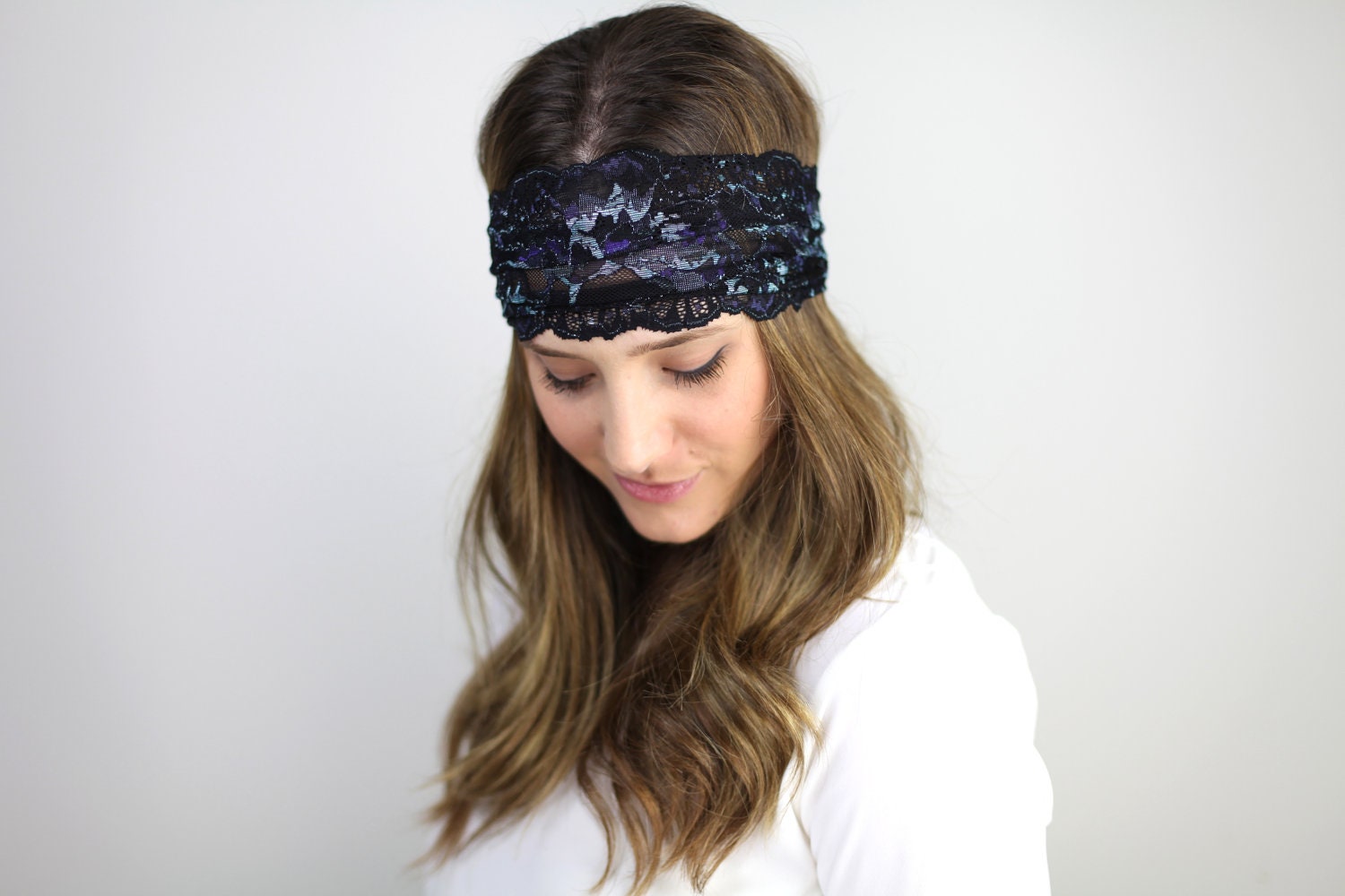 Black lace Headband with blue and purple design, black headband headwrap, gym headband, headwrap, gym