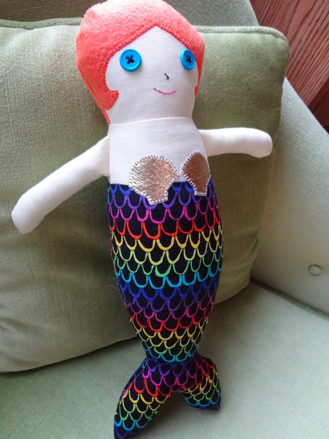 Handmade MERMAID Rag Dolls - orange hair, gold shells, blue eyes, rainbow tail - Ready to Ship Same Day