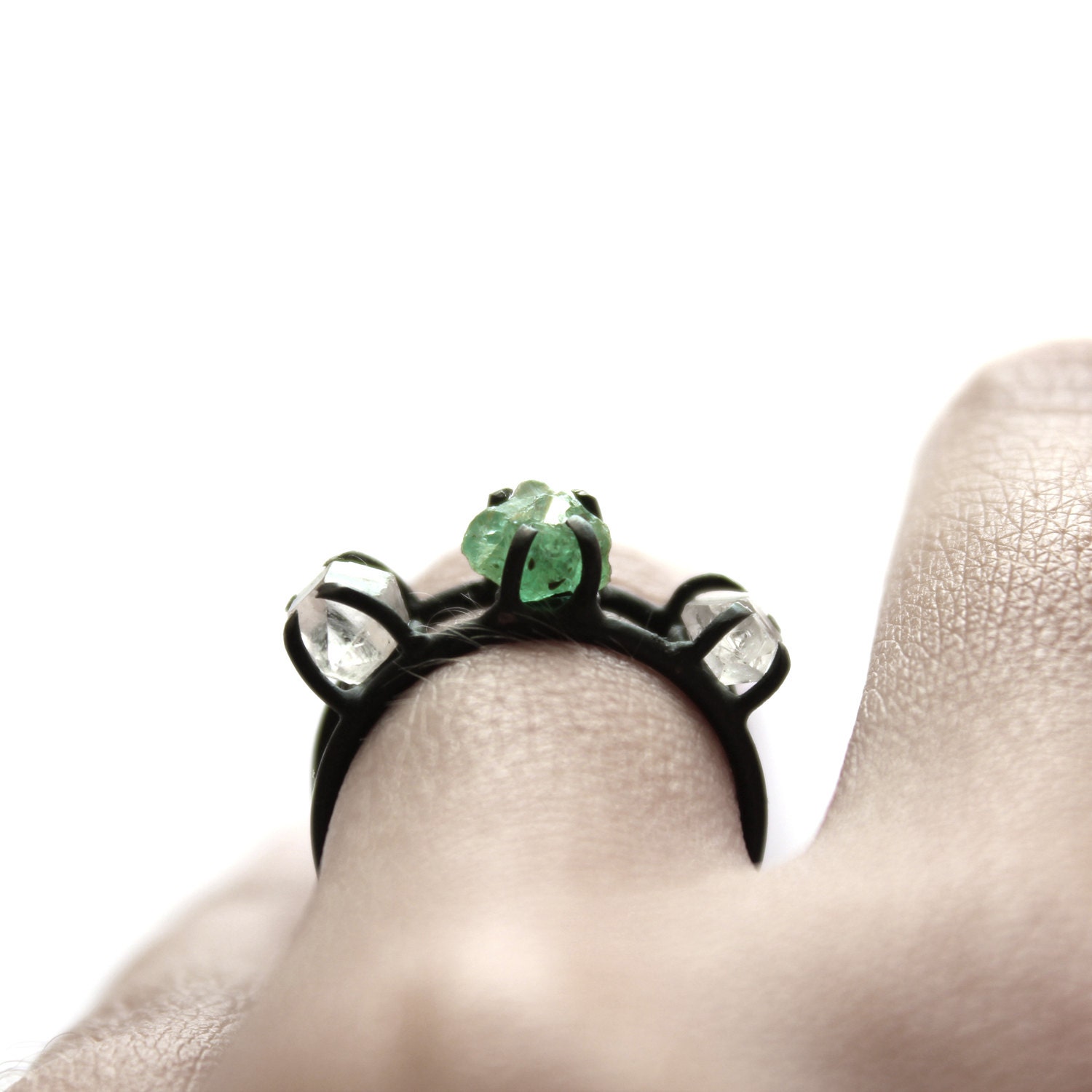 Three . emerald and two herkimer diamonds oxidized sterling silver ring