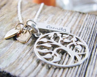 family tree necklace personalized with monogramed golden petals on long 24 inch rope chain