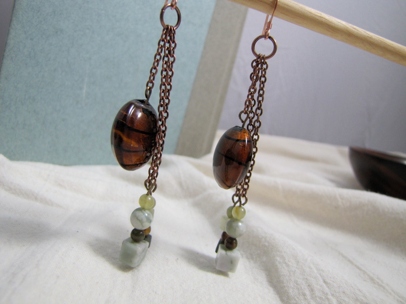 The Big Cats earrings: glass, new jade, peace jade, nephrite jade, copper chain (free US shipping)