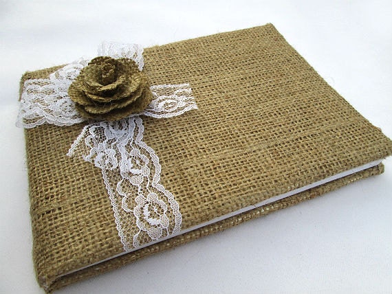 Rustic Burlap Wedding Guest Book Accented with Lace and Burlap Flower - Rustic Wedding, Shabby Chic Wedding, Cottage Chic Wedding
