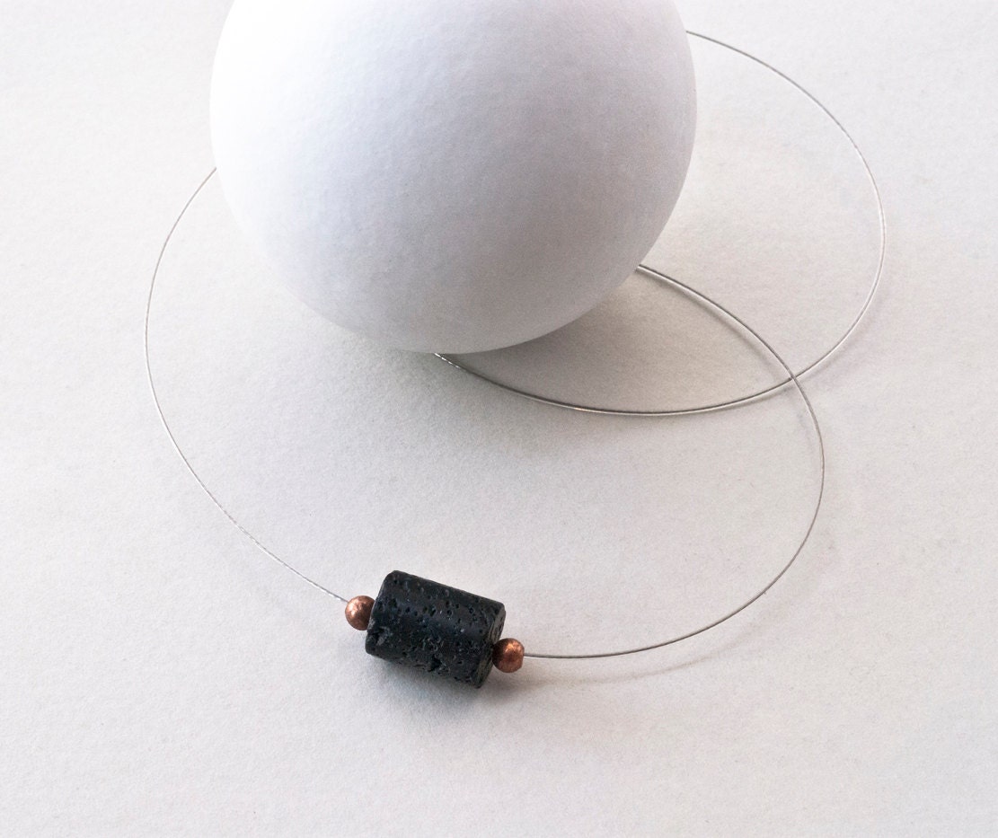 Black Lava Rock Solitaire Necklace, Lava and Copper Minimalist Necklace, Dainty Geometric Jewelry, Santorini Jewelry, Summer Fashion
