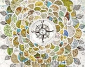 map print wanderlust poster compass rose art flower 11 x 14 PRINT mustard yellow blue green mixed media collage