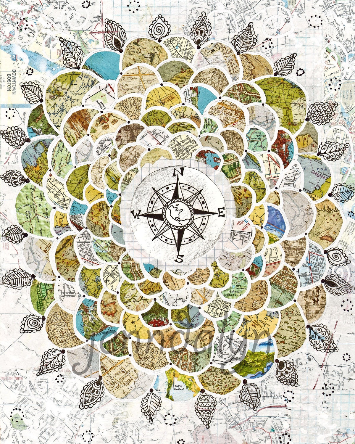 map print wanderlust poster compass rose art flower 11 x 14 PRINT mustard yellow blue green mixed media collage