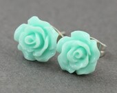 Flower Stud Earrings : Pastel Teal Flower Stud Earrings, Sterling Silver Plated Earring Posts, Simple, Fun, 10mm