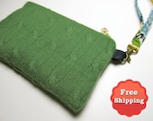 Forest Green Cashmere Wristlet / Makeup Bag / Zipper Pouch - FREE SHIPPING