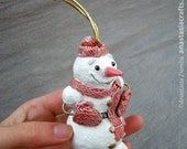 One of a kind Happy Snowman Ornament, winter home decor, handmade from polymer clay cute snowman wearing knitted scarf, hat and mittens