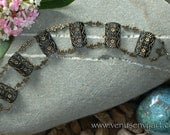 Vintage Button Bracelet: Black Glass Rectangular Gold Flower Buttons, Floral Filigree Links