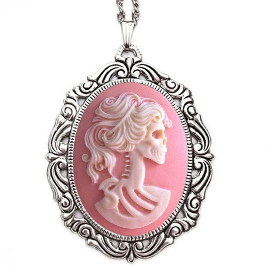 Lolita Skeleton Cameo Necklace - Halloween Jewelry - Gothic Wedding - Pink