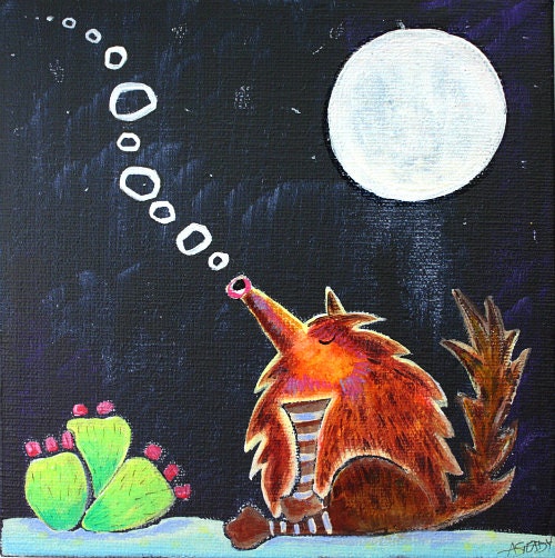 Original Painting - Acrylic Paint - 6" x 6" deep edged canvas - Coyote with Cactus in Desert Howling At The Moon on Etsy