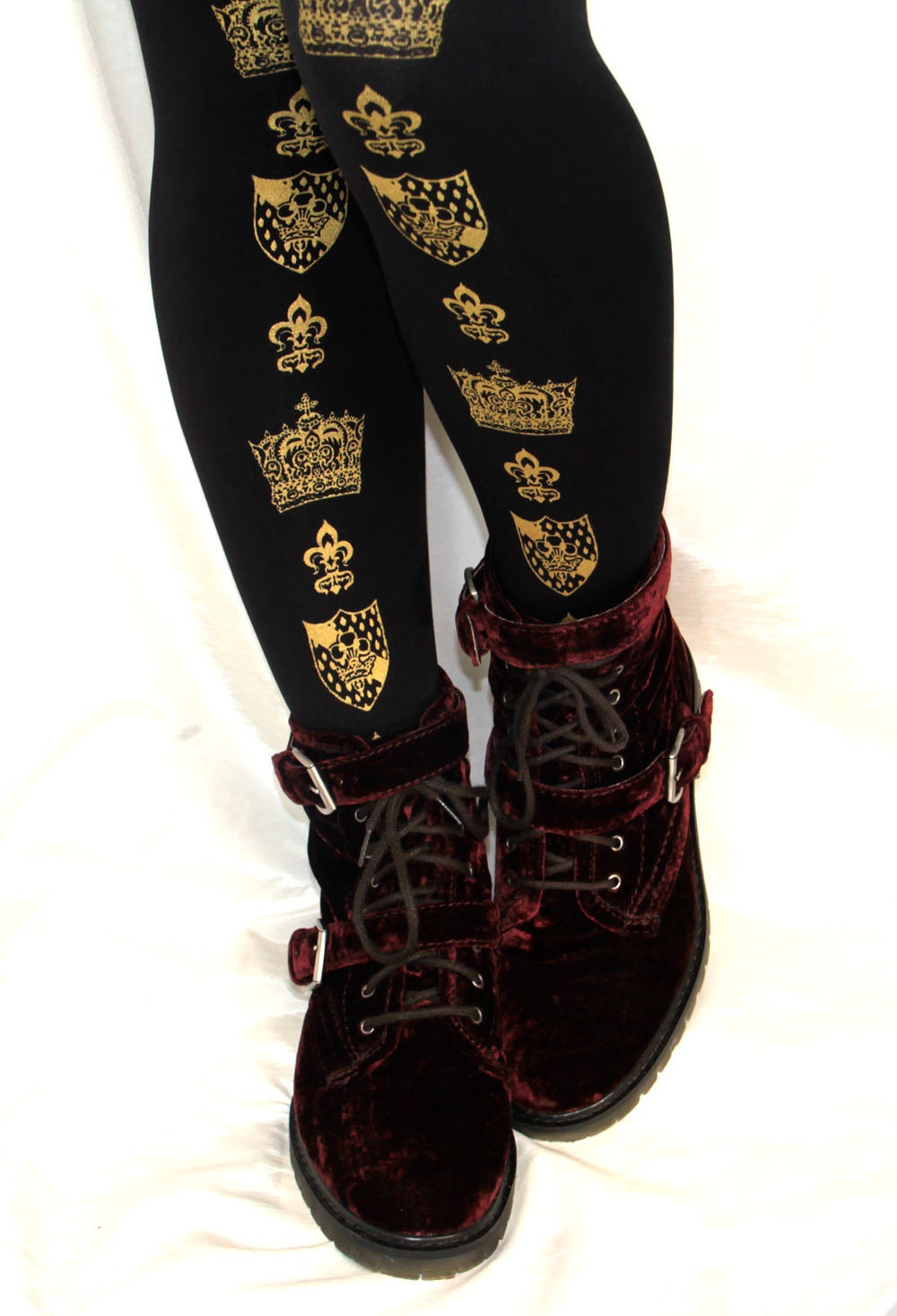 Crown Printed Tights Medium Tall Gold Black Tights Womens Royal Crest Victorian Lolita