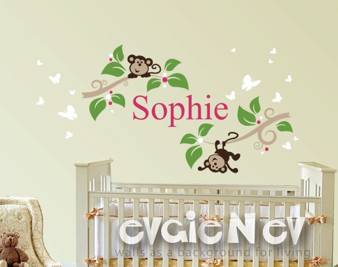 Monkeys Wall Decals - Monkeys on Branches and Custom Name - Wall Stickers - BRMNK010